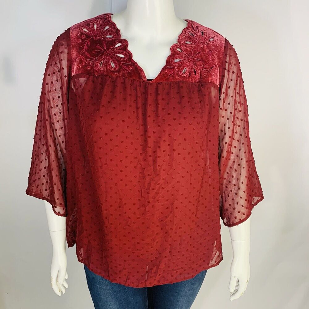 New Style & Co Womans Sz 3X Blouse Lace Sleeve Eyelet Wine Red Sheer NWT - Picture 2 of 9